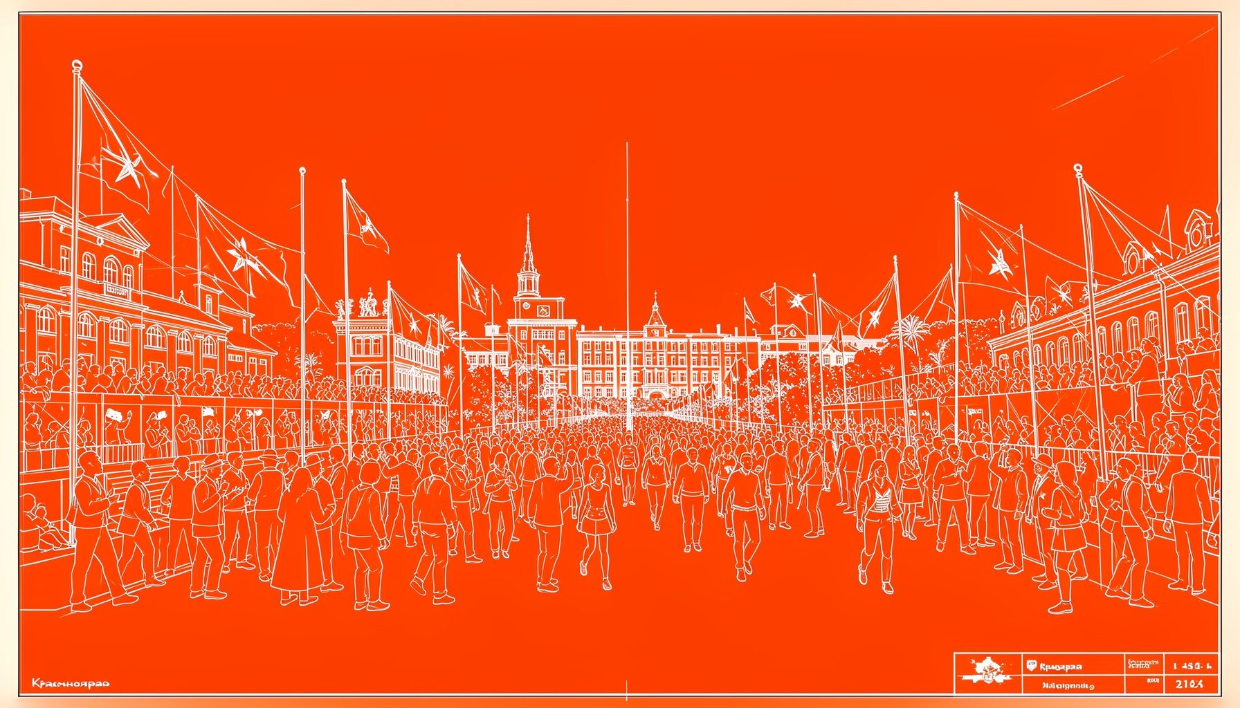 Открытая городская сцена в центре Красноярска, праздничная атмосфера, флаги и зрители